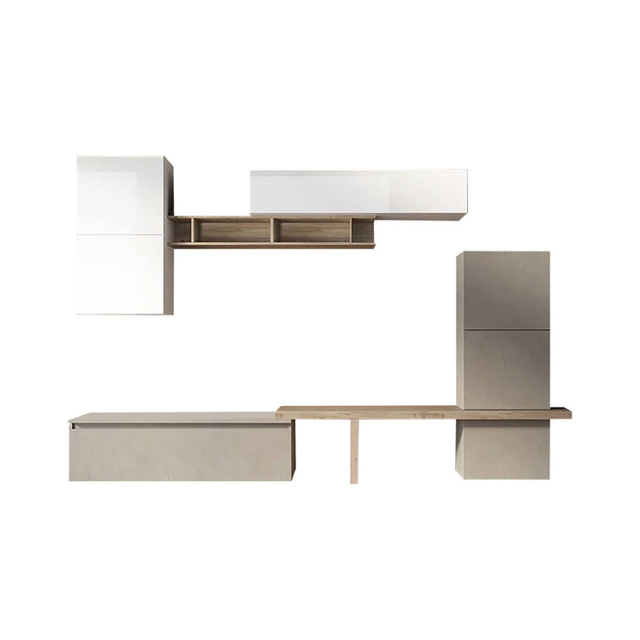 Parete attrezzata Tammy, Composizione soggiorno, Mobile salotto multiuso, Armadio porta TV, Made in Italy, 290x40 h195 cm, Bianco lucido e Rovere