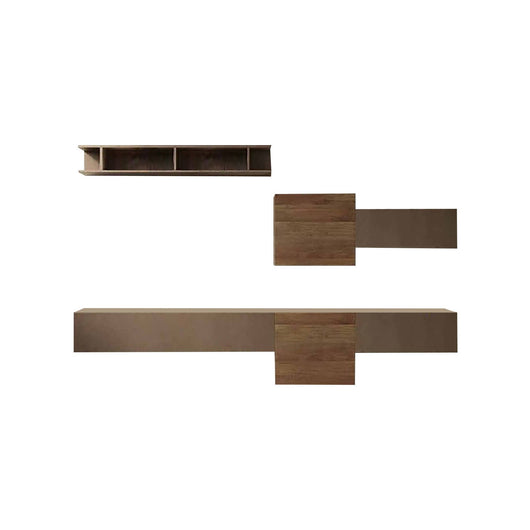 Parete attrezzata Tony, Composizione soggiorno, Mobile salotto multiuso, Armadio porta TV, Made in Italy, 262x30 h185 cm, Bronzo e Noce