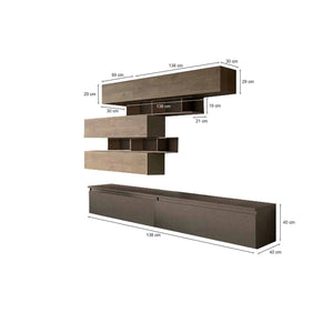 Parete attrezzata Hilaire, Composizione soggiorno, Mobile salotto multiuso, Armadio porta TV, Made in Italy, 276x40 h190 cm, Bronzo e Noce