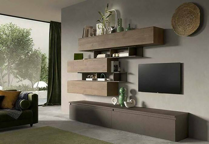 Parete attrezzata Hilaire, Composizione soggiorno, Mobile salotto multiuso, Armadio porta TV, Made in Italy, 276x40 h190 cm, Bronzo e Noce