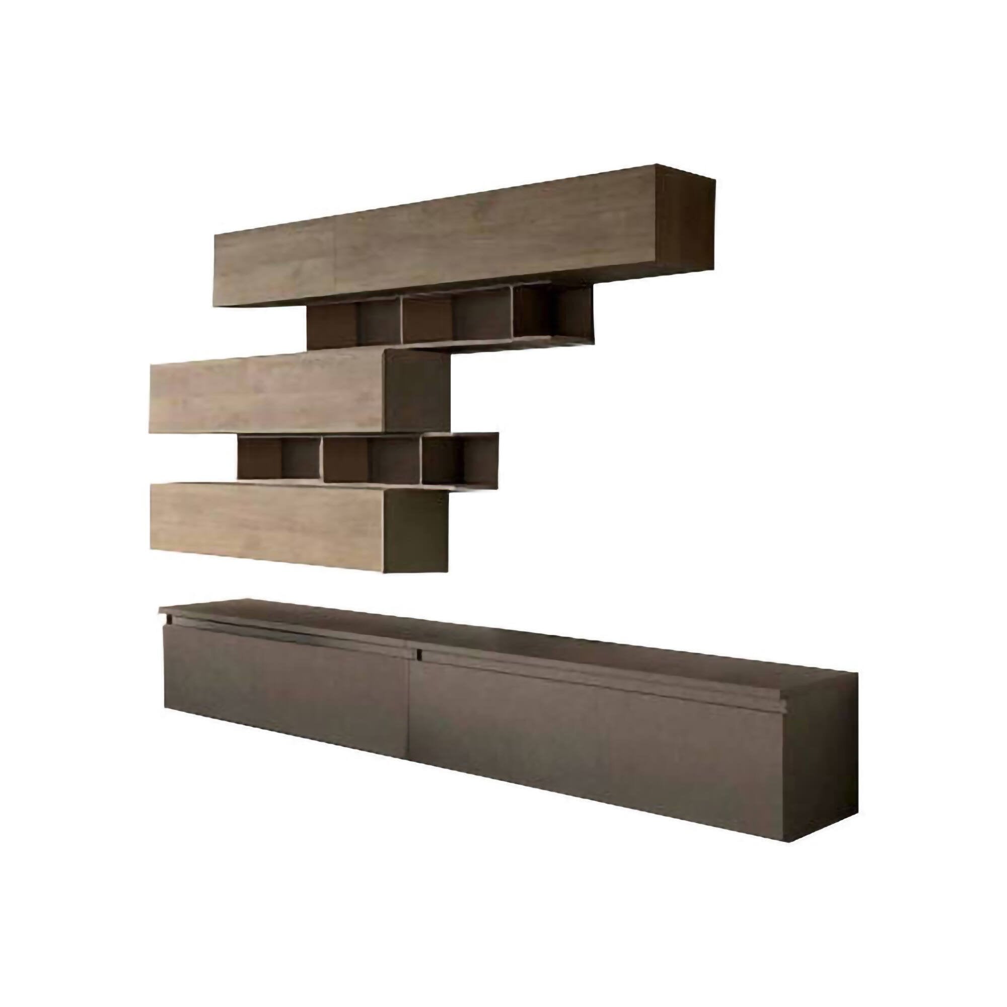 Parete attrezzata Hilaire, Composizione soggiorno, Mobile salotto multiuso, Armadio porta TV, Made in Italy, 276x40 h190 cm, Bronzo e Noce