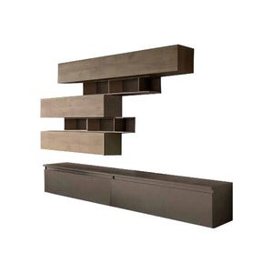 Parete attrezzata Hilaire, Composizione soggiorno, Mobile salotto multiuso, Armadio porta TV, Made in Italy, 276x40 h190 cm, Bronzo e Noce