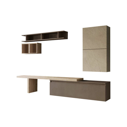 Parete attrezzata Torreya, Composizione soggiorno, Mobile salotto multiuso, Armadio porta TV, Made in Italy, 260x40 h190 cm, Noce e Grigio