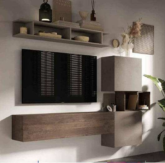 Parete attrezzata Goni, Composizione soggiorno, Mobile salotto multiuso, Armadio porta TV, Made in Italy, 215x30 h190 cm, Noce e Grigio