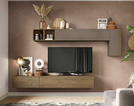 Parete attrezzata Barumini, Composizione soggiorno, Mobile salotto multiuso, Armadio porta TV, Made in Italy, 276x30 h180 cm, Bronzo e Noce