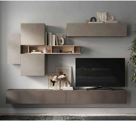 Parete attrezzata Nate, Composizione soggiorno, Mobile salotto multiuso, Armadio porta TV, Made in Italy, 276x30 h210 cm, Bronzo e Grigio