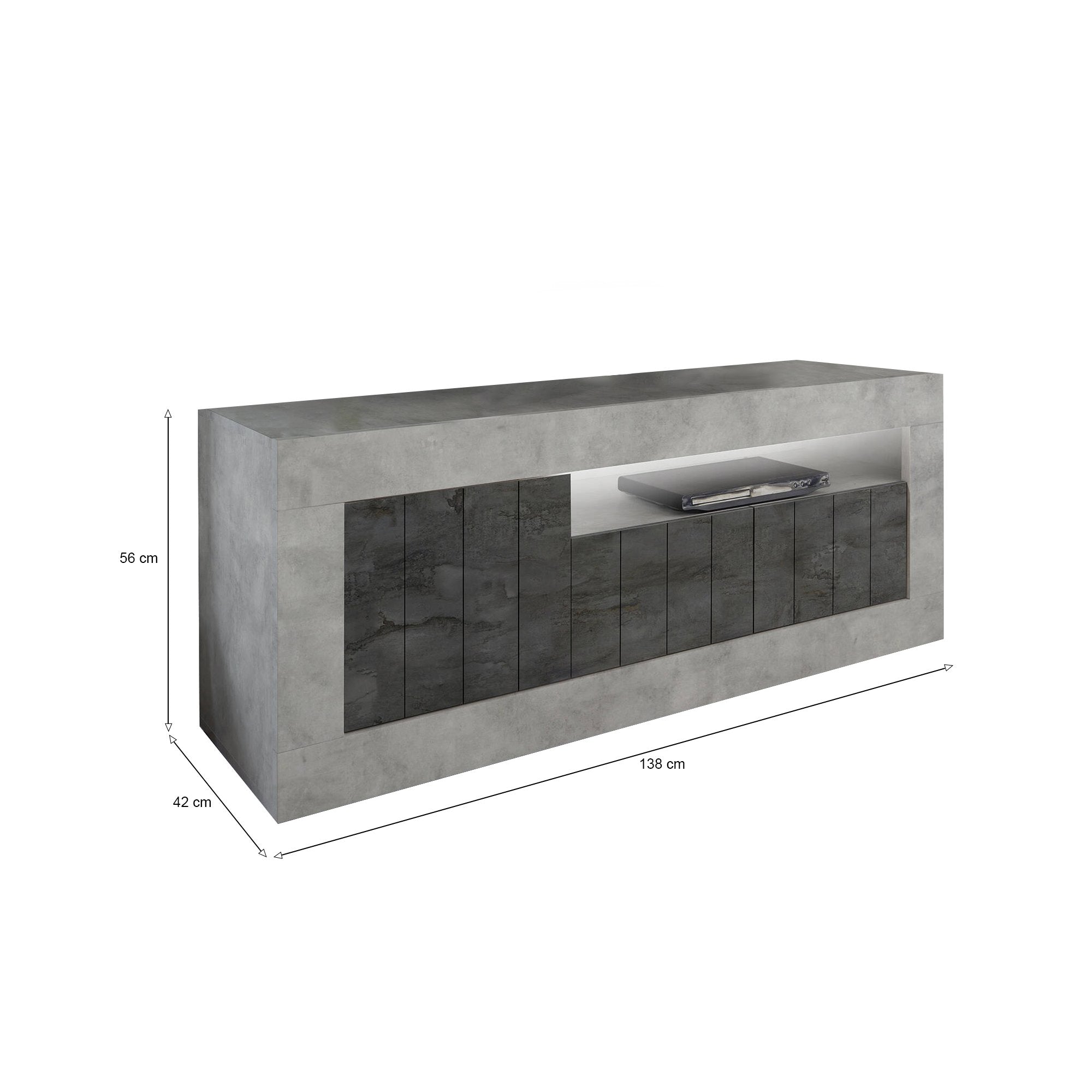 Mobile porta TV Iole, Credenza da soggiorno, Armadio basso per TV, Base parete attrezzata, Made in Italy, 138x42 h56 cm, Cemento e Ardesia