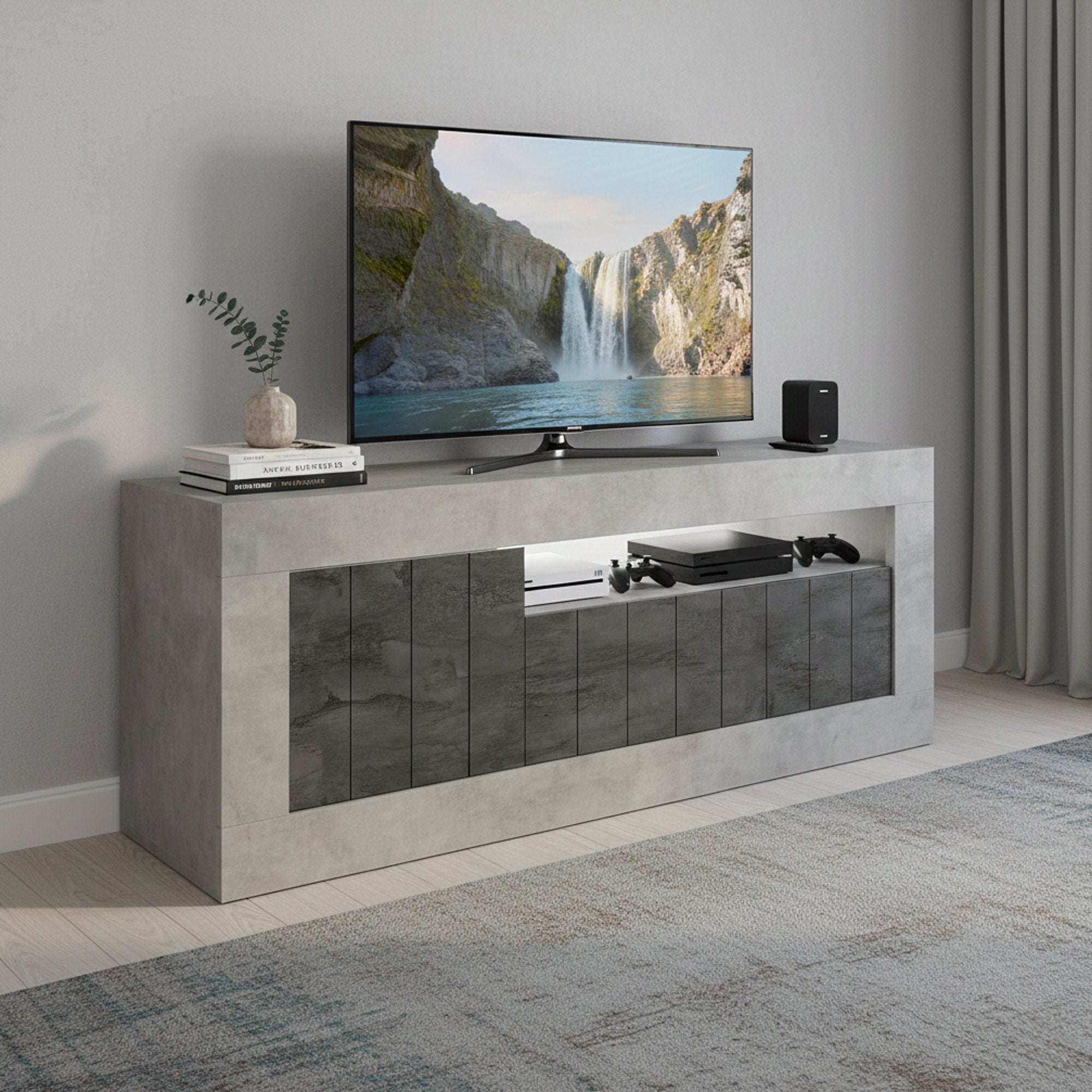 Mobile porta TV Iole, Credenza da soggiorno, Armadio basso per TV, Base parete attrezzata, Made in Italy, 138x42 h56 cm, Cemento e Ardesia