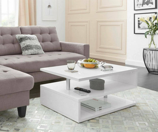 Tavolino da salotto Natalia, Tavolino soggiorno, Mobile portaoggetti basso, Tavolino da caffÒ¨, 90x55h41 cm, Bianco lucido