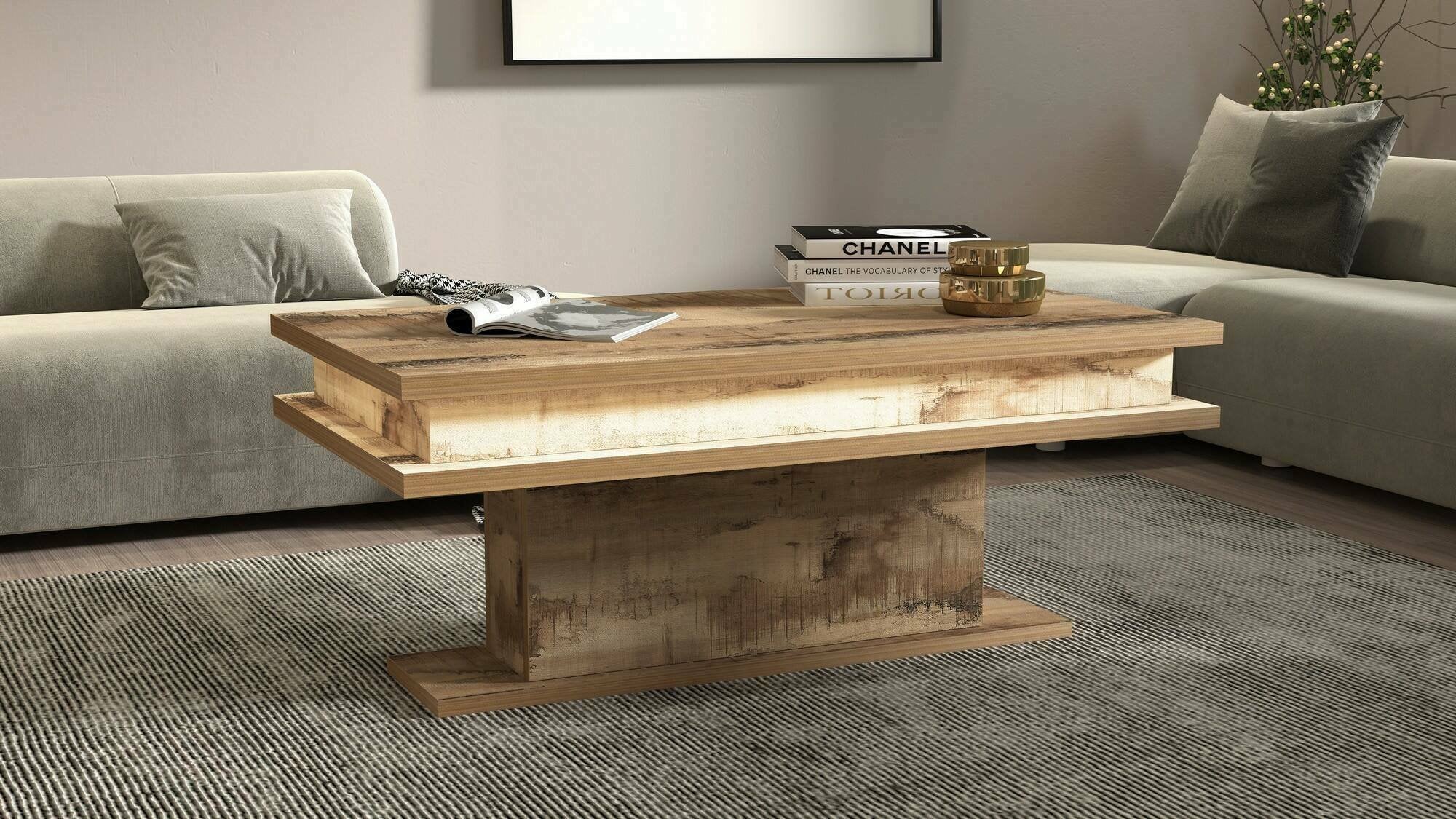 Tavolino da salotto Iside, Tavolino soggiorno, Mobile portaoggetti basso, Tavolino da caffÒ¨, 100x55h42 cm, Acero con luce LED