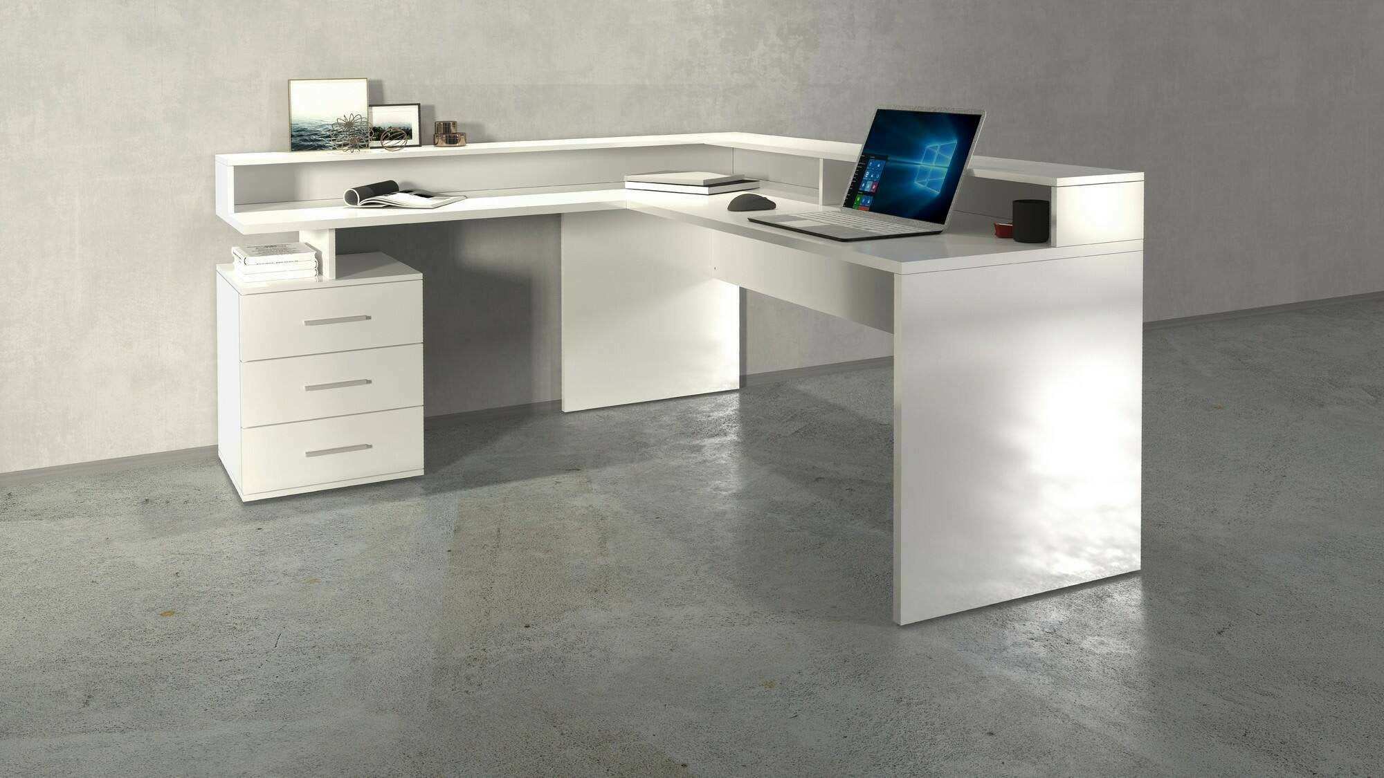 Scrivania Leonilda, Scrittoio angolare con sopralzo, Scrivania ufficio multiuso, 180x90h160 cm, Bianco