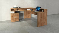 Scrivania Leonilda, Scrittoio angolare con sopralzo, Scrivania ufficio multiuso, 180x90h160 cm, Rovere