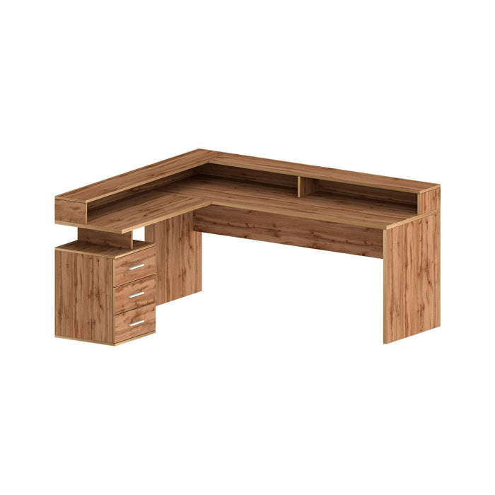 Scrivania Leonilda, Scrittoio angolare con sopralzo, Scrivania ufficio multiuso, 180x90h160 cm, Rovere