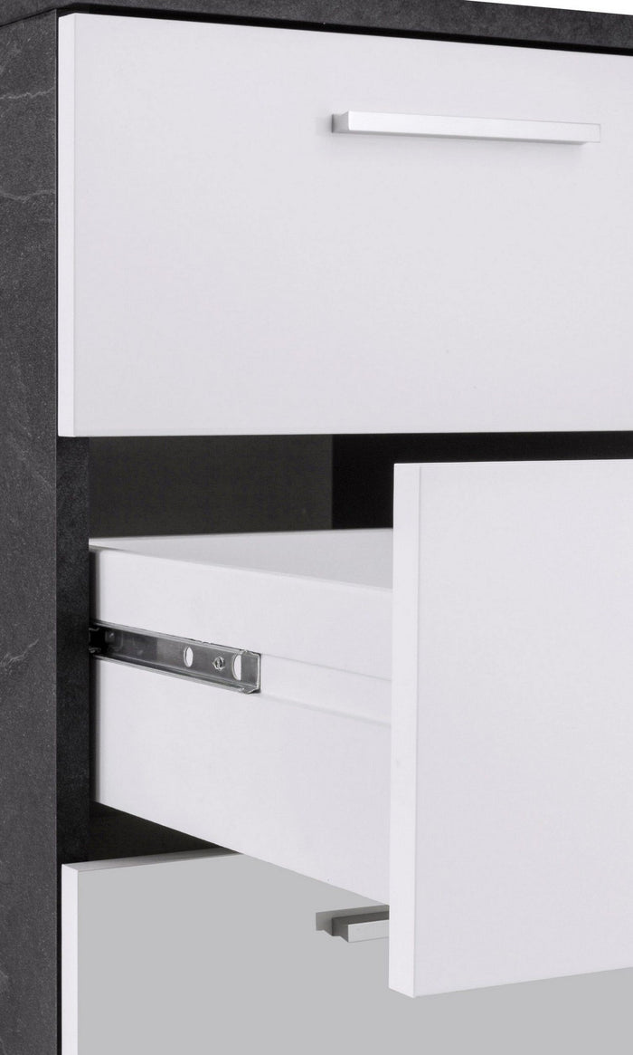 Scrivania Leonilda, Scrittoio angolare con sopralzo, Scrivania ufficio multiuso, 180x90h160 cm, Bianco e Ardesia