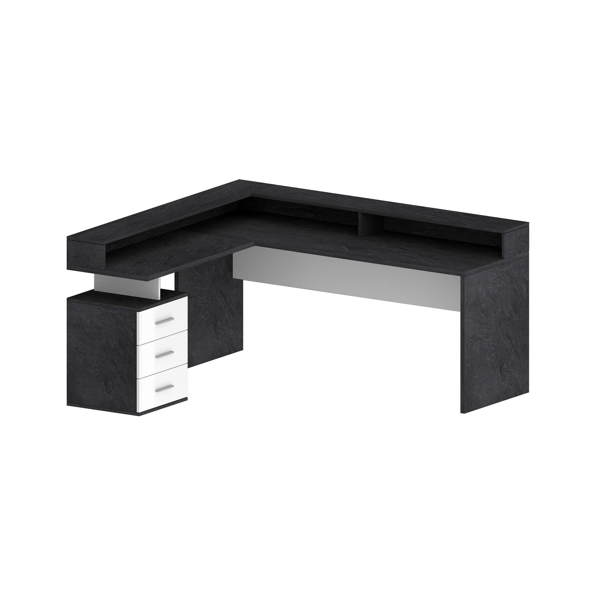 Scrivania Leonilda, Scrittoio angolare con sopralzo, Scrivania ufficio multiuso, 180x90h160 cm, Bianco e Ardesia