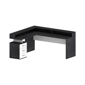 Scrivania Leonilda, Scrittoio angolare con sopralzo, Scrivania ufficio multiuso, 180x90h160 cm, Bianco e Ardesia