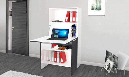 Scrivania Atroc, Mobile multiuso con scaffali e piano da lavoro, Tavolo multiuso per ufficio, Scrivania salvaspazio multi posizione, 100% Made in Italy, cm 70x35h140, Bianco e Ardesia