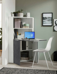 Scrivania Akiro, Mobile ad angolo con scaffali e piano da lavoro, Tavolo multiuso per ufficio, Scrivania salvaspazio, 100% Made in Italy, cm 70x57h140, Bianco e Ardesia
