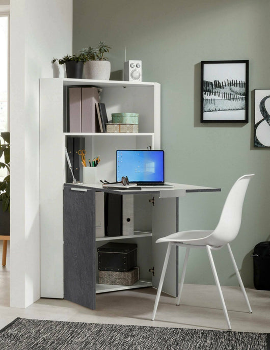 Scrivania Akiro, Mobile ad angolo con scaffali e piano da lavoro, Tavolo multiuso per ufficio, Scrivania salvaspazio, 100% Made in Italy, cm 70x57h140, Bianco e Ardesia