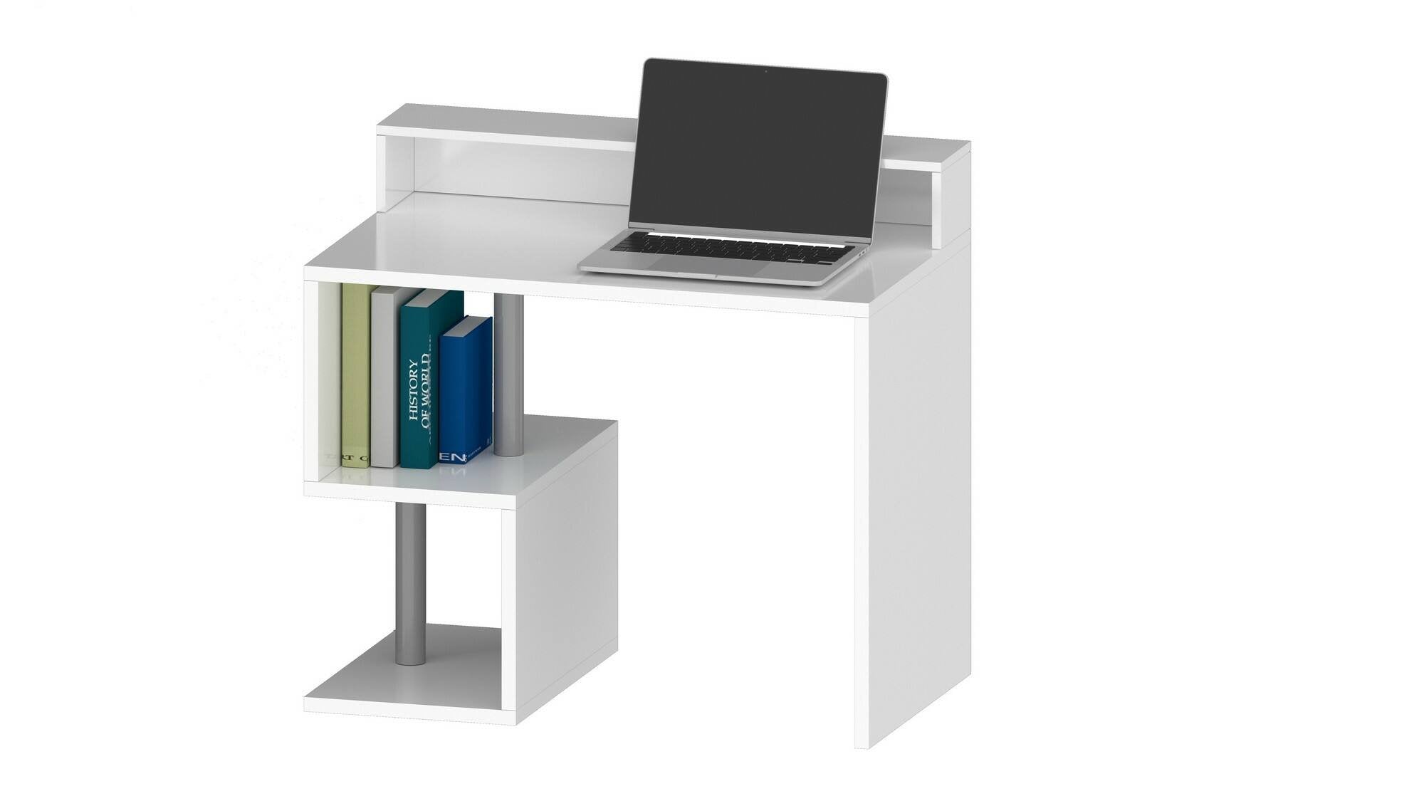 Scrivania Eva, Scrittoio lineare con ripiani portaoggetti, Scrivania ufficio multiuso con sopralzo, 100x50h93 cm, Bianco