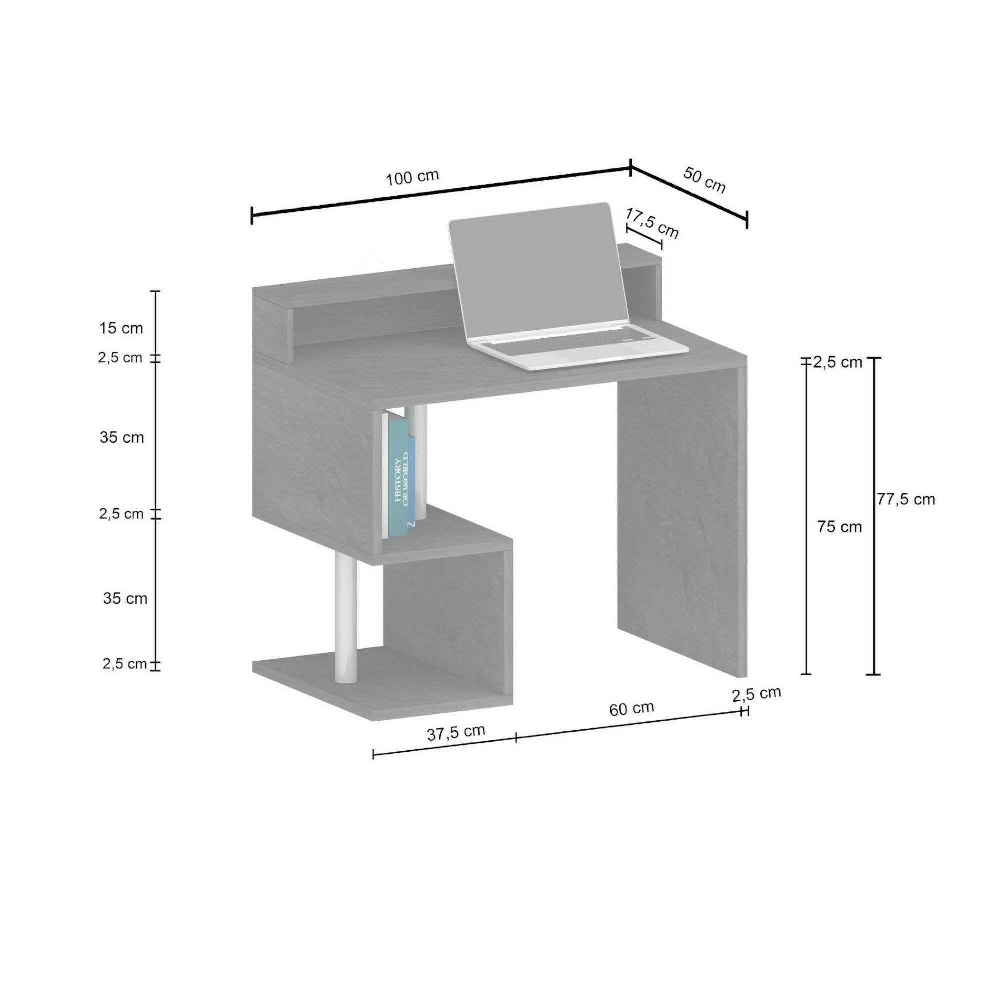 Scrivania Eva, Scrittoio lineare con ripiani portaoggetti, Scrivania ufficio multiuso con sopralzo, 100x50h93 cm, Bianco