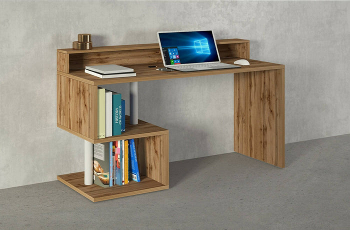 Scrivania Kobenhavn, Scrittoio lineare con ripiani portaoggetti, Scrivania ufficio multiuso con sopralzo, 140x60h93 cm, Rovere