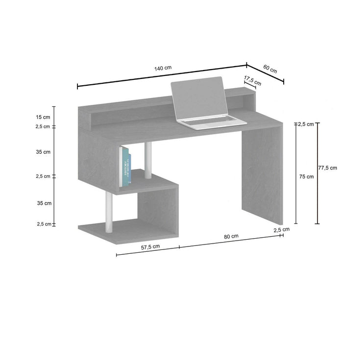 Scrivania Kobenhavn, Scrittoio lineare con ripiani portaoggetti, Scrivania ufficio multiuso con sopralzo, 140x60h93 cm, Rovere