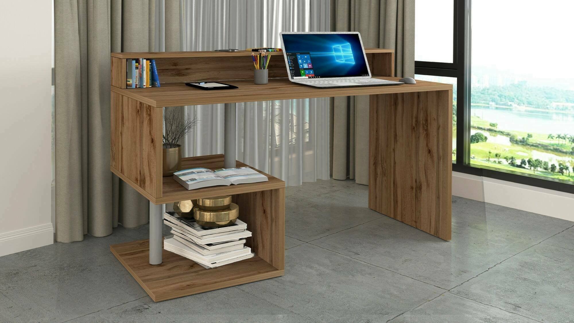 Scrivania Kobenhavn, Scrittoio lineare con ripiani portaoggetti, Scrivania ufficio multiuso con sopralzo, 140x60h93 cm, Rovere