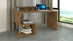 Scrivania Kobenhavn, Scrittoio lineare con ripiani portaoggetti, Scrivania ufficio multiuso con sopralzo, 140x60h93 cm, Rovere