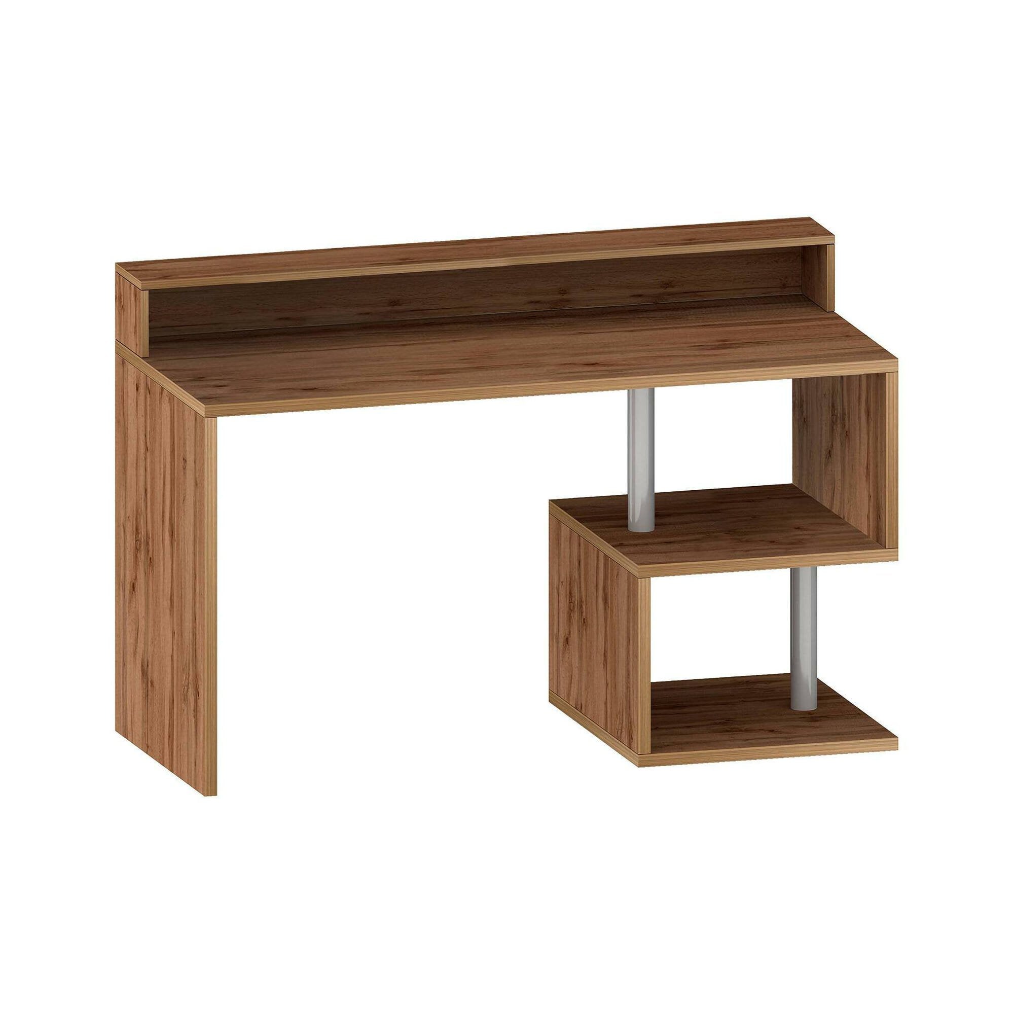 Scrivania Kobenhavn, Scrittoio lineare con ripiani portaoggetti, Scrivania ufficio multiuso con sopralzo, 140x60h93 cm, Rovere