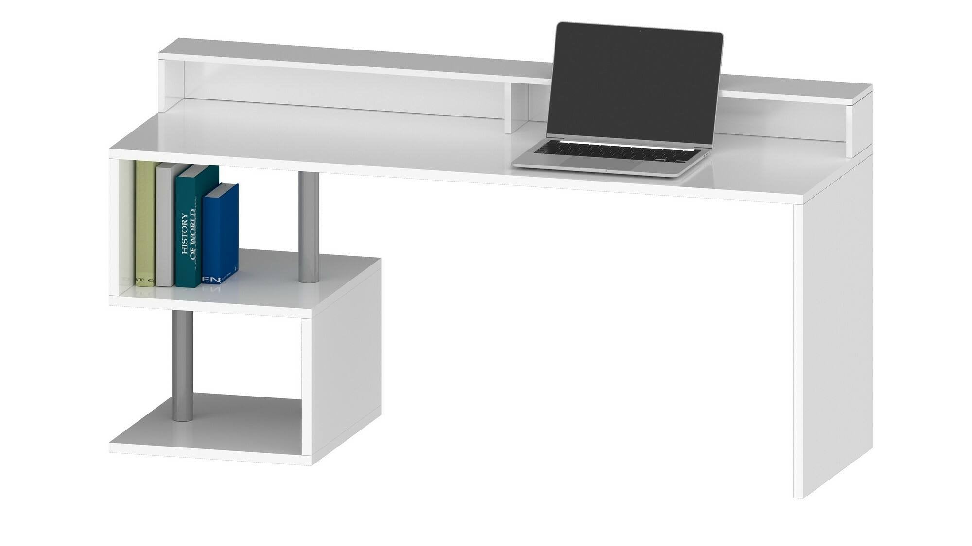 Scrivania Aurigo, Scrittoio lineare con ripiani portaoggetti, Scrivania ufficio multiuso con sopralzo, 180x92,5h60 cm, Bianco