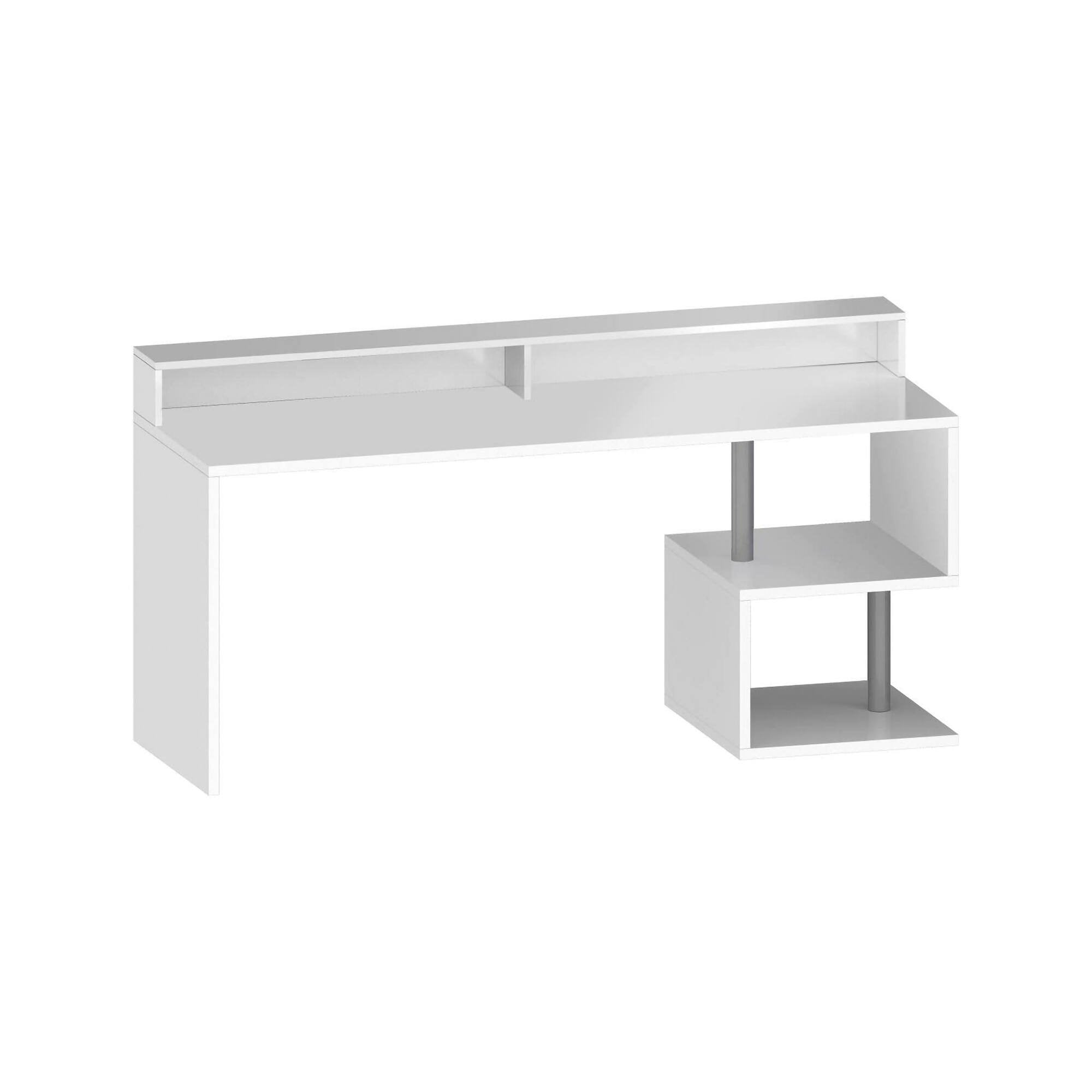 Scrivania Aurigo, Scrittoio lineare con ripiani portaoggetti, Scrivania ufficio multiuso con sopralzo, 180x92,5h60 cm, Bianco