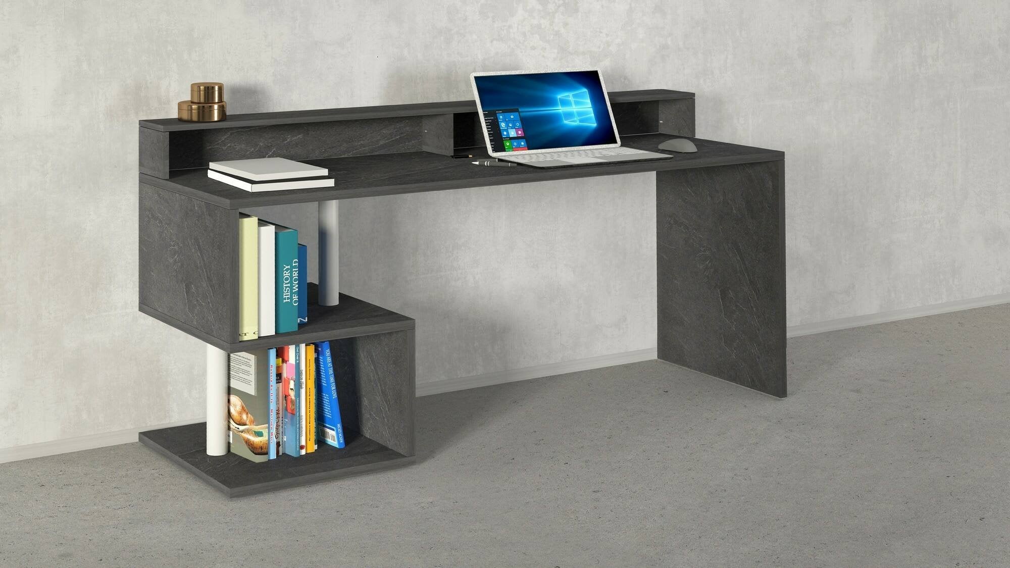 Scrivania Aurigo, Scrittoio lineare con ripiani portaoggetti, Scrivania ufficio multiuso con sopralzo, 180x92,5h60 cm, Ardesia