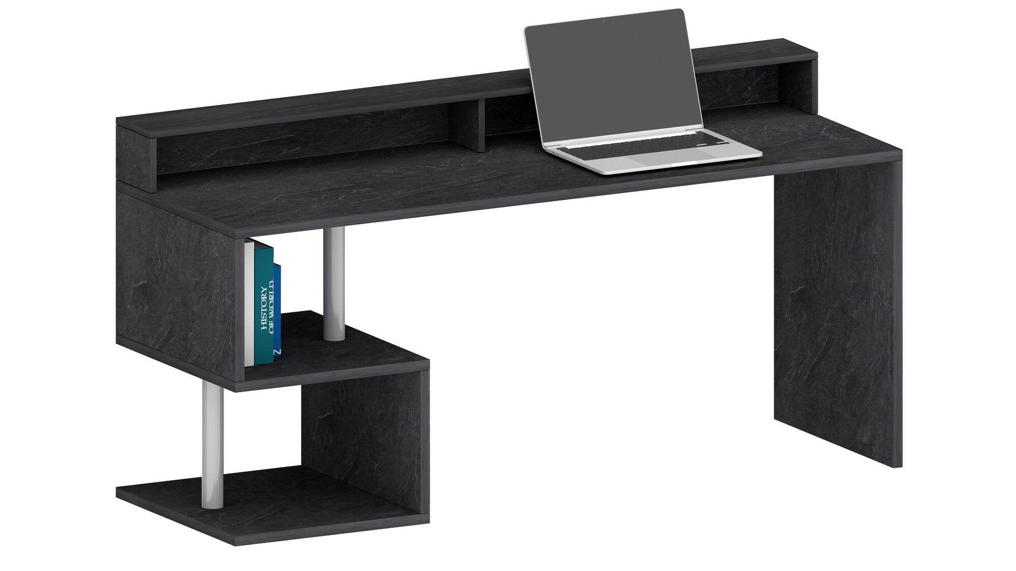 Scrivania Aurigo, Scrittoio lineare con ripiani portaoggetti, Scrivania ufficio multiuso con sopralzo, 180x92,5h60 cm, Ardesia