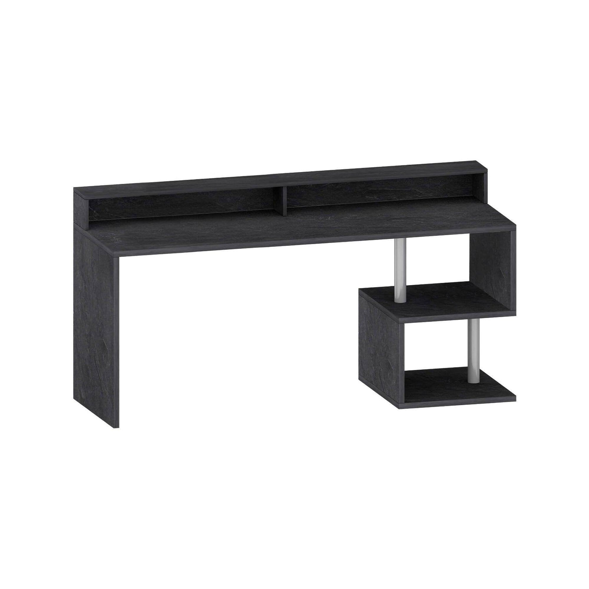 Scrivania Aurigo, Scrittoio lineare con ripiani portaoggetti, Scrivania ufficio multiuso con sopralzo, 180x92,5h60 cm, Ardesia