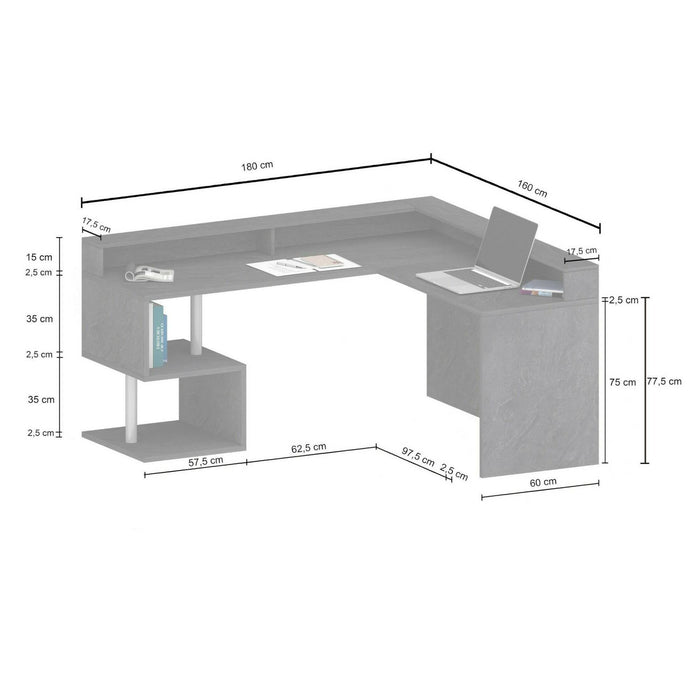 Scrivania Auletta, Scrittoio angolare con ripiani portaoggetti, Scrivania ufficio multiuso con sopralzo, 180x60h93 cm, Bianco