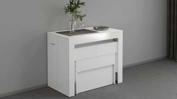 Panca Quedan, Set di 2 sedute per tavolo da pranzo, Panche allungabili, 290x25h45 cm, Bianco lucido