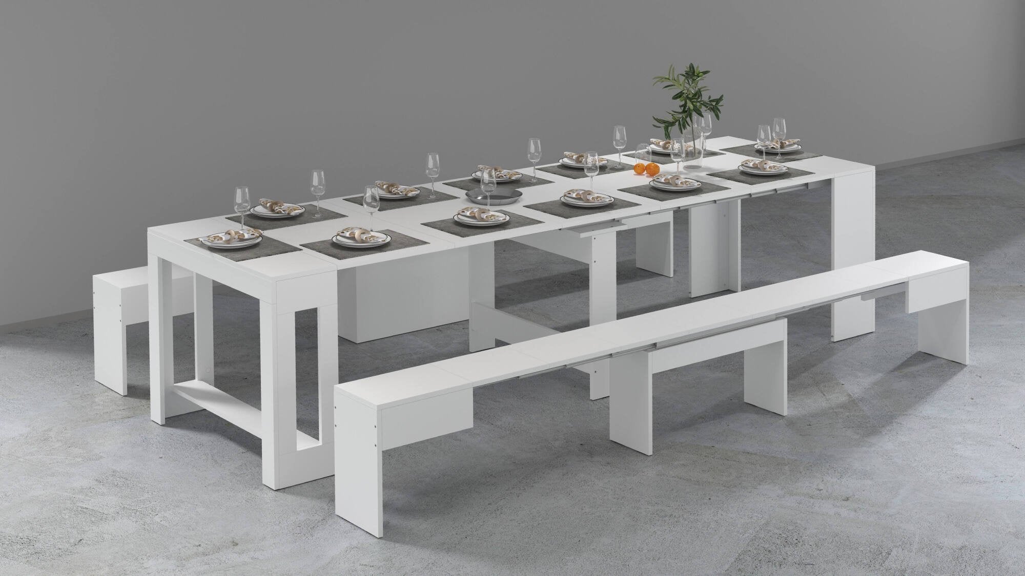 Panca Quedan, Set di 2 sedute per tavolo da pranzo, Panche allungabili, 290x25h45 cm, Bianco lucido