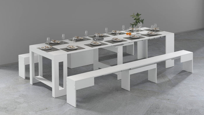 Panca Quedan, Set di 2 sedute per tavolo da pranzo, Panche allungabili, 290x25h45 cm, Bianco lucido