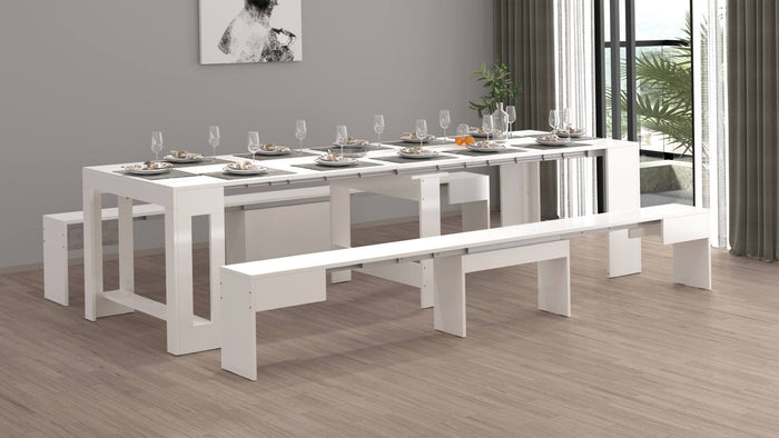 Panca Quedan, Set di 2 sedute per tavolo da pranzo, Panche allungabili, 290x25h45 cm, Bianco lucido