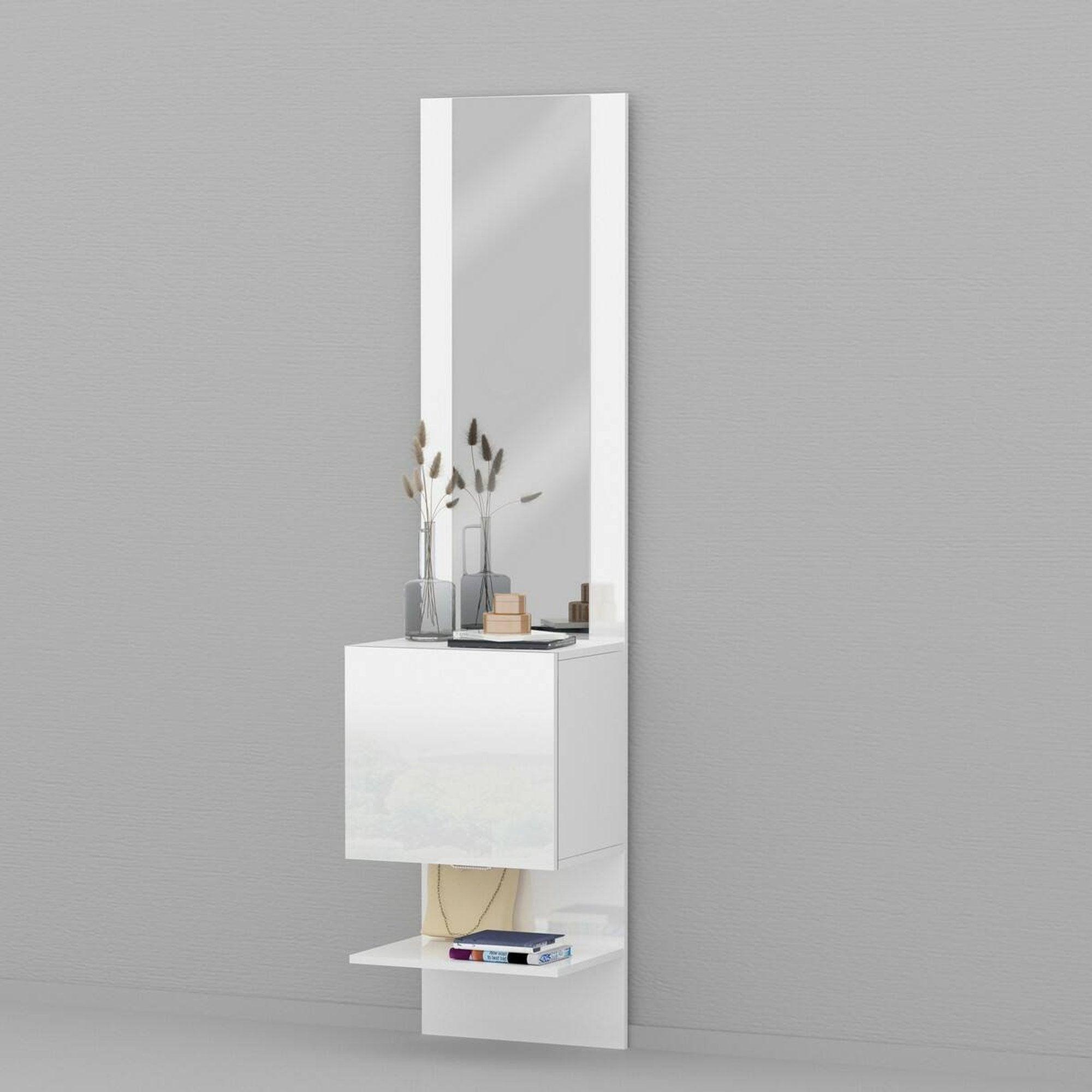 Mobile da ingresso Ivana, Armadietto multifunzione con specchio, Scarpiera a 1 anta, 45x35h190 cm, Bianco
