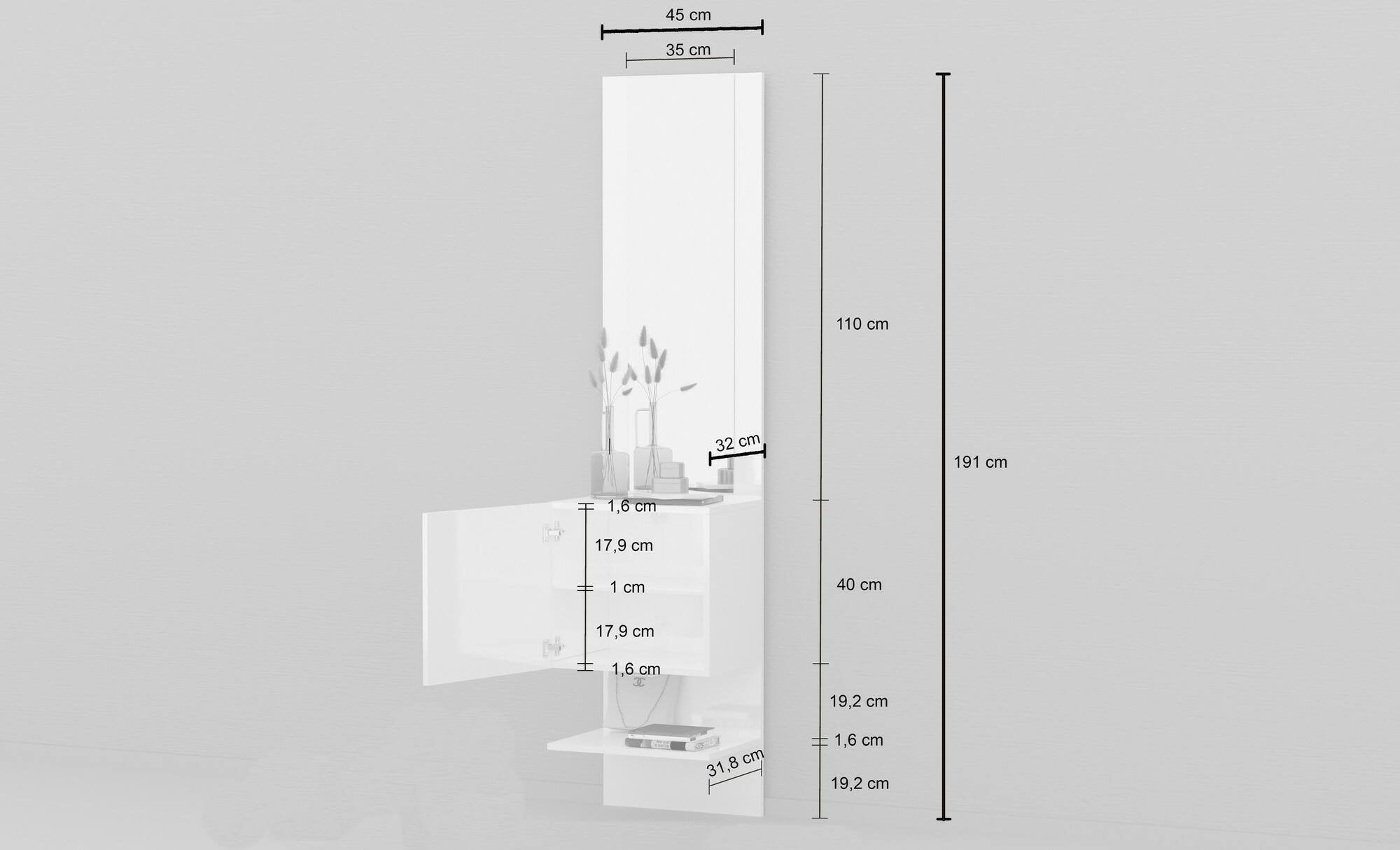 Mobile da ingresso Ivana, Armadietto multifunzione con specchio, Scarpiera a 1 anta, 45x35h190 cm, Bianco