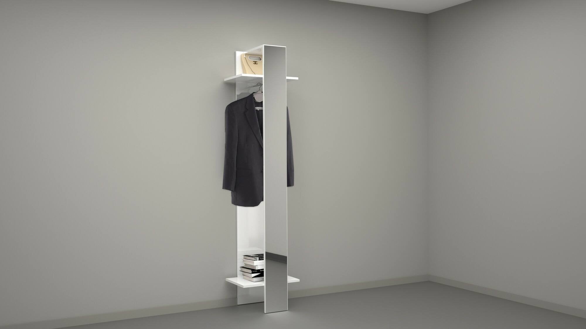 Mobile da ingresso Maura, Armadietto multifunzione, Appendiabiti da parete con specchio, 50x35h190 cm, Bianco