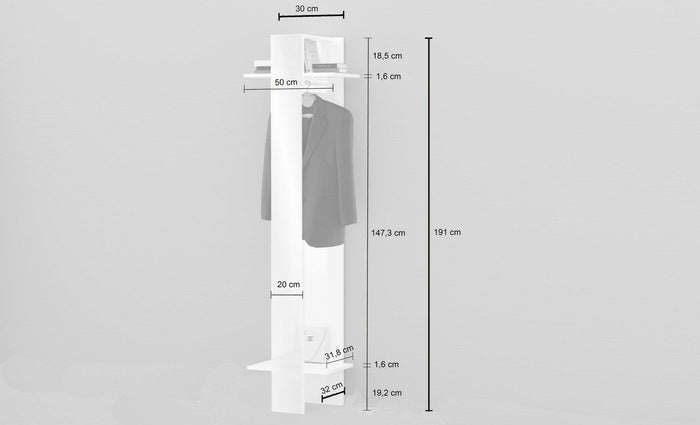 Mobile da ingresso Maura, Armadietto multifunzione, Appendiabiti da parete con specchio, 50x35h190 cm, Bianco