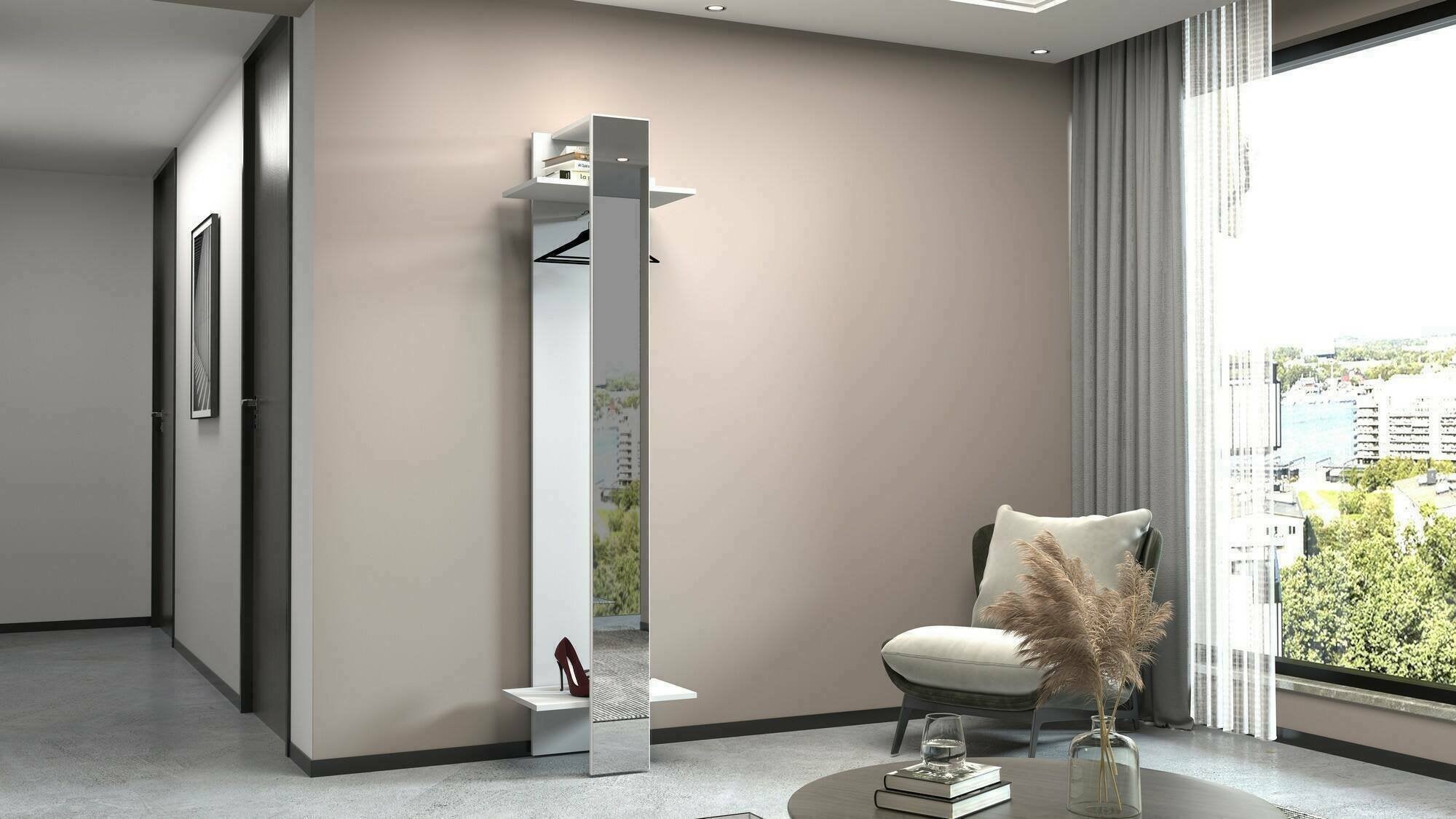 Mobile da ingresso Maura, Armadietto multifunzione, Appendiabiti da parete con specchio, 50x35h190 cm, Bianco