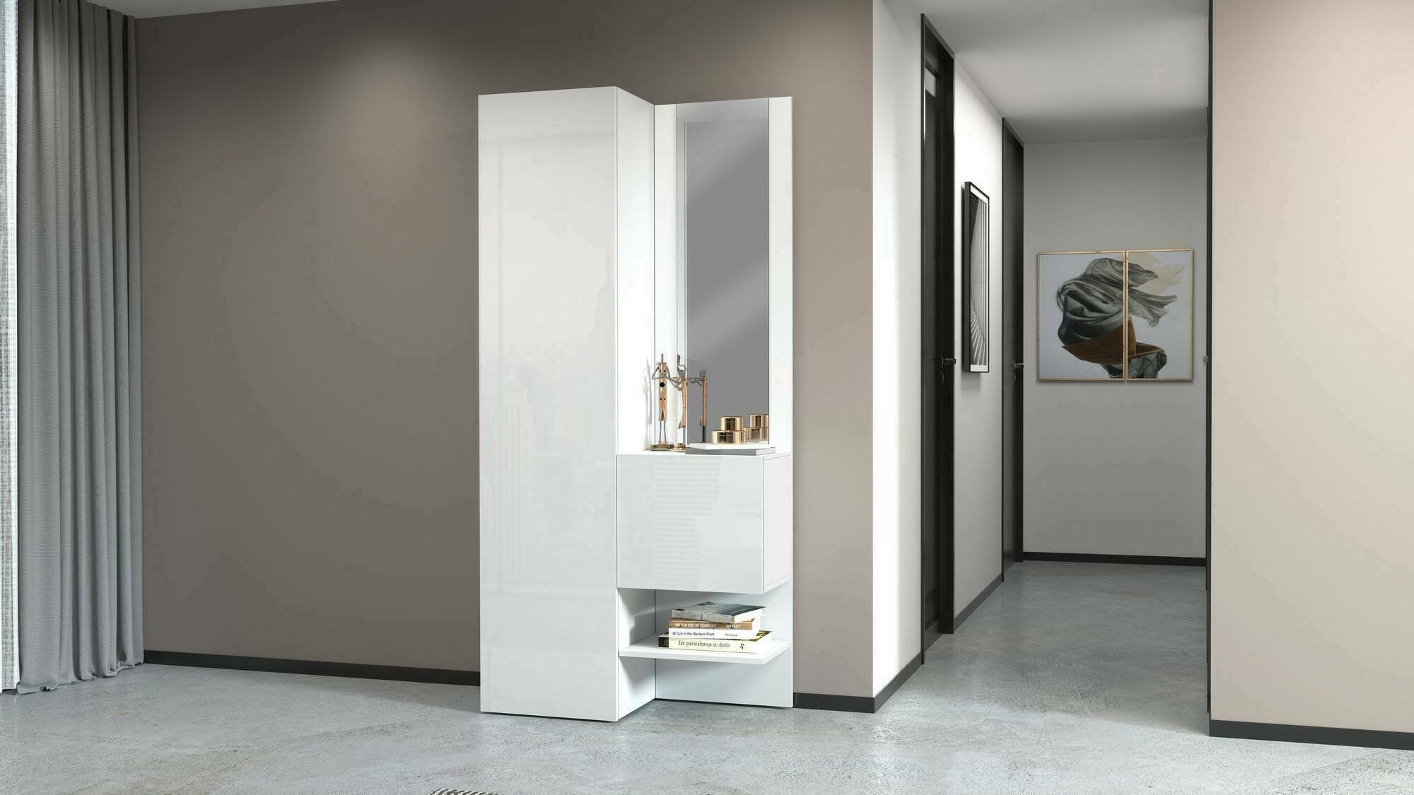 Mobile da ingresso Bauladu, Armadietto multifunzione a 2 ante, Mobile multiuso con specchio, 90x35h190 cm, Bianco