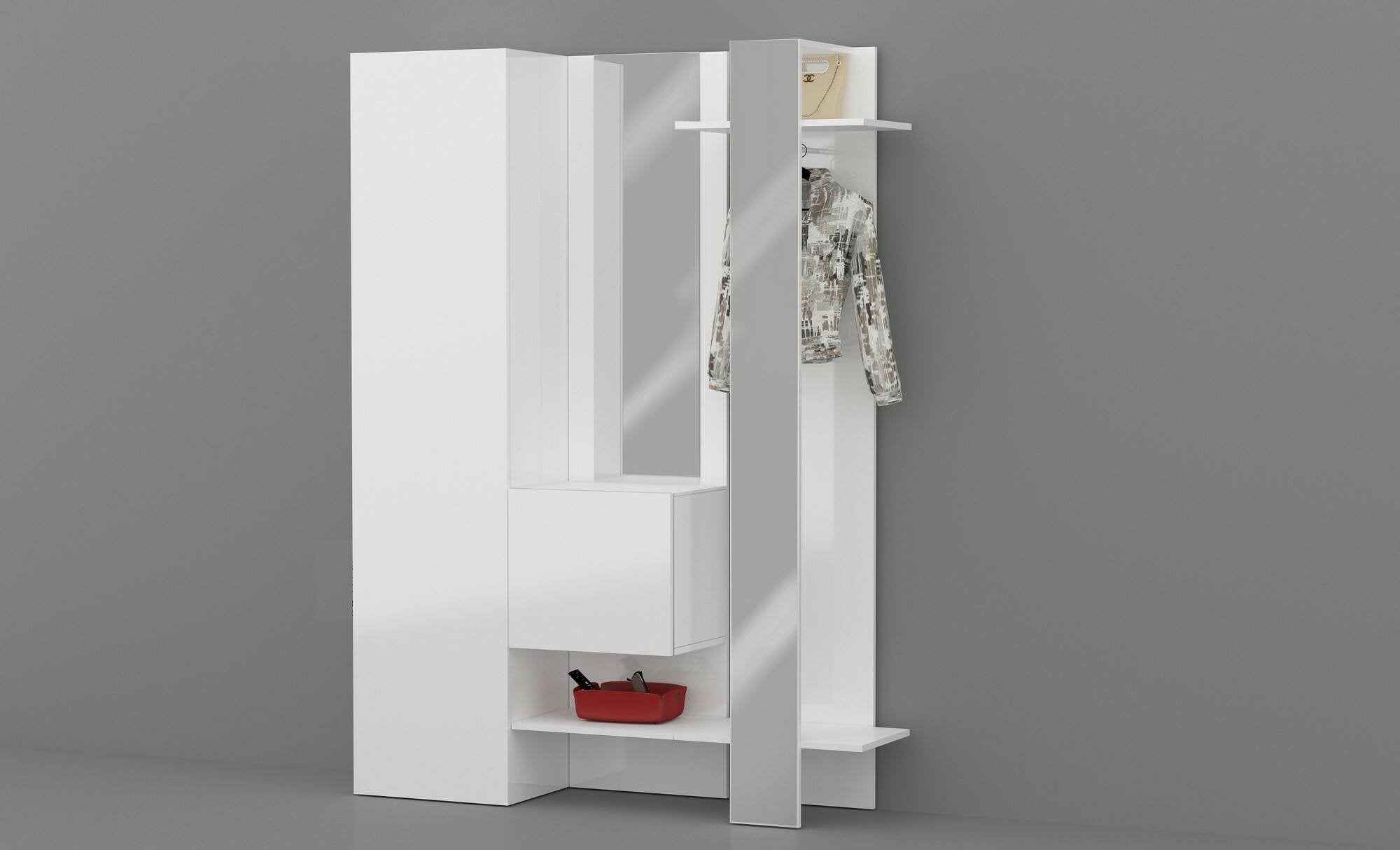 Mobile da ingresso Arabelle, Armadietto multifunzione a 2 ante, Appendiabiti da parete con 2 specchi, 140x35h190 cm, Bianco