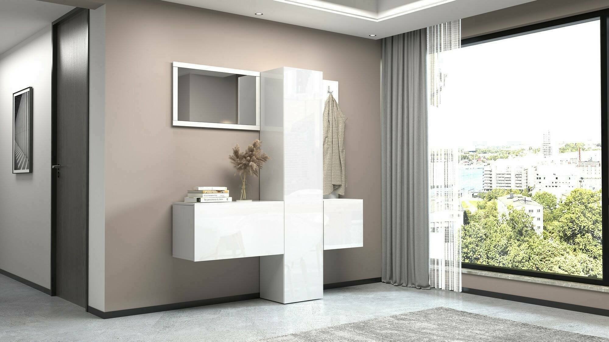 Mobile da ingresso Barengo, Armadietto multifunzione a 3 ante, Appendiabiti da parete con specchio, 170x35h190 cm, Bianco