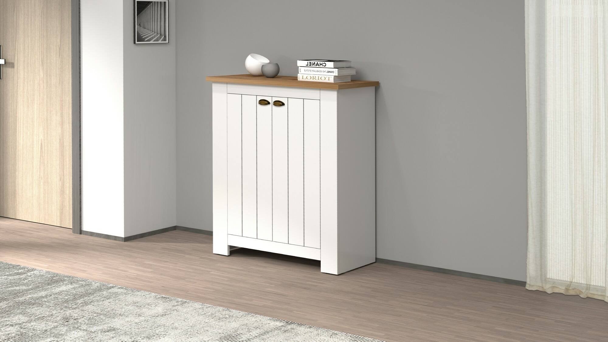 Scarpiera Adriatica, Porta scarpe salvaspazio a 2 ante, Armadio multifunzione da ingresso, 84x42h100 cm, Bianco e Rovere