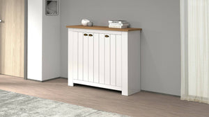 Scarpiera Seprio, Porta scarpe salvaspazio a 3 ante, Armadio multifunzione da ingresso, 114x42h100 cm, Bianco e Rovere
